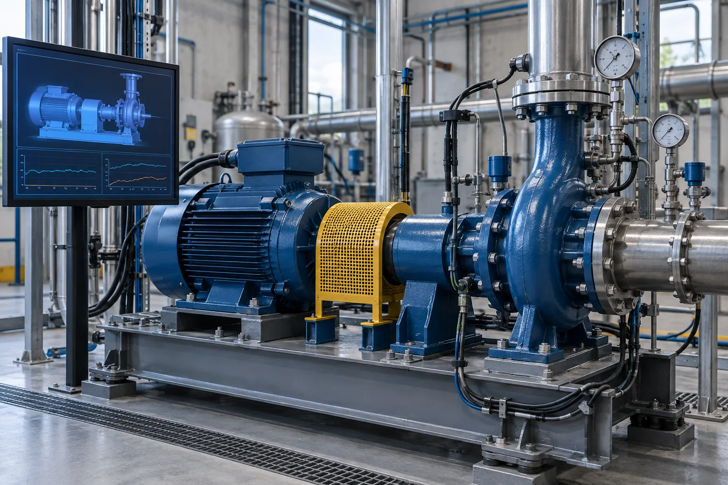 Representative instrumented pump test rig with a digital model on a monitor