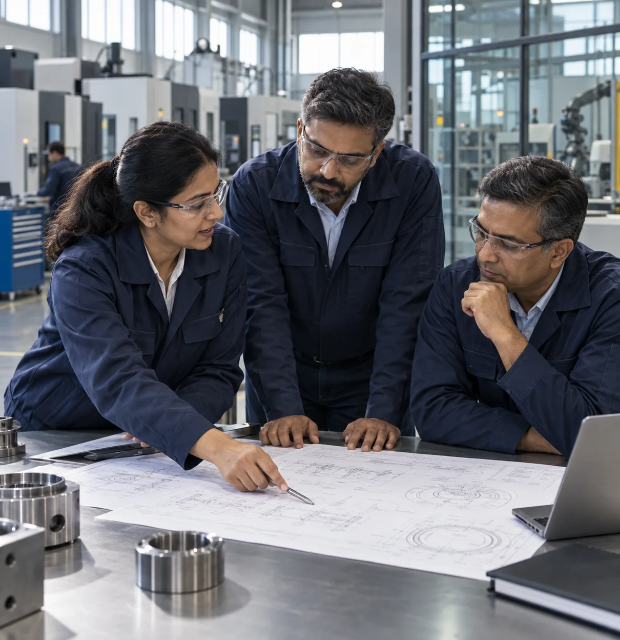 Engineering consultants reviewing technical drawings in a modern manufacturing facility