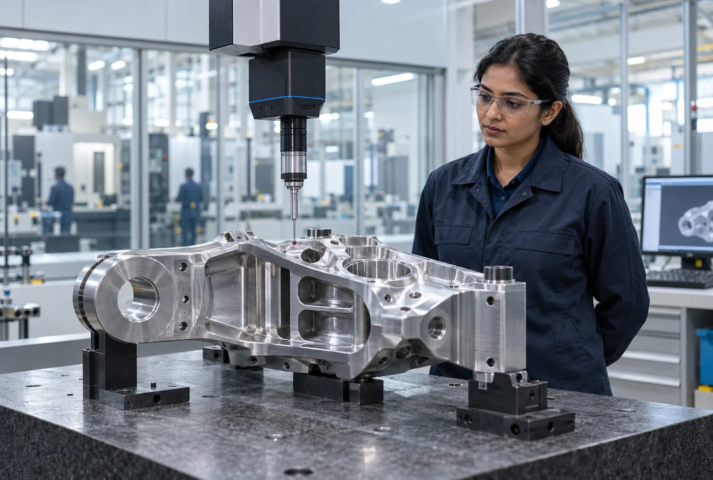 Quality engineer overseeing precision measurement of a machined component